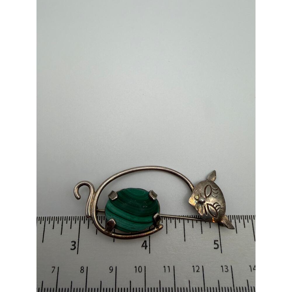 Vintage jelly belly Sterling and malachite cat pin Taxco - Picture 4 of 4